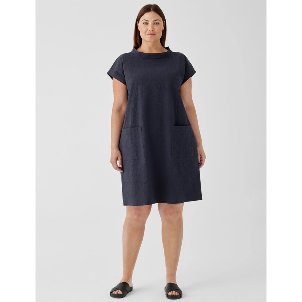Eileen Fisher Organic Cotton Pucker Mock Neck Dress Black XL Patch Pockets Boho - Picture 3 of 9